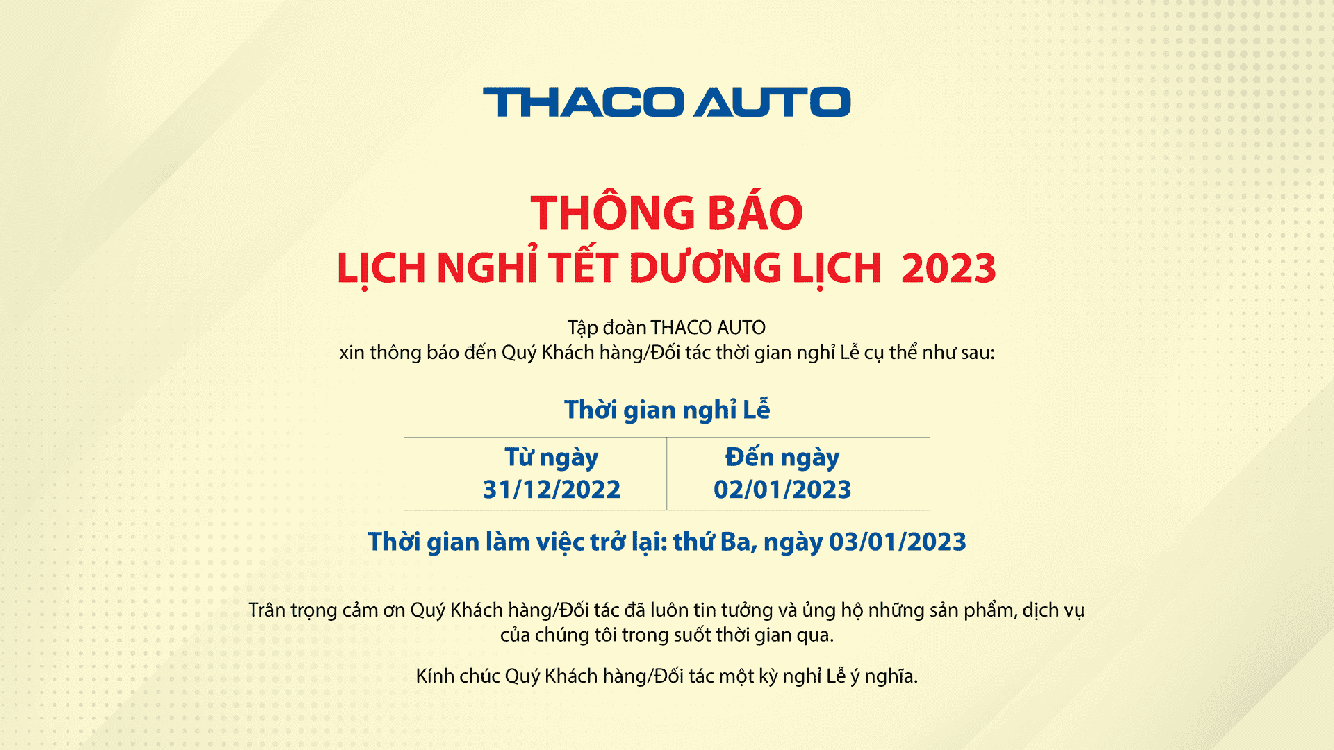 Thông báo Lịch nghỉ Tết Dương lịch 2023